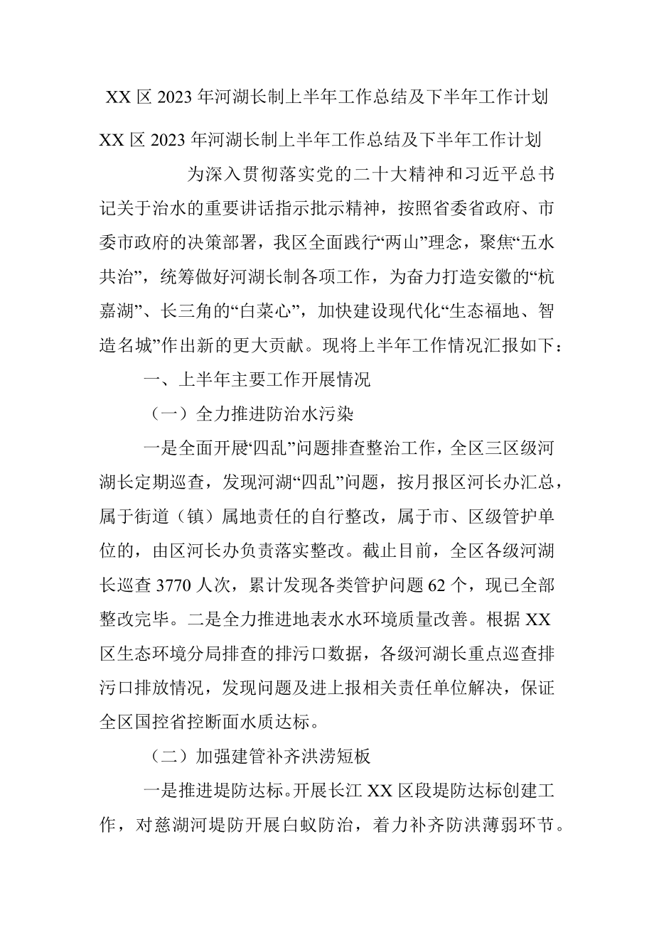 XX区2023年河湖长制上半年工作总结及下半年工作计划.docx_第1页