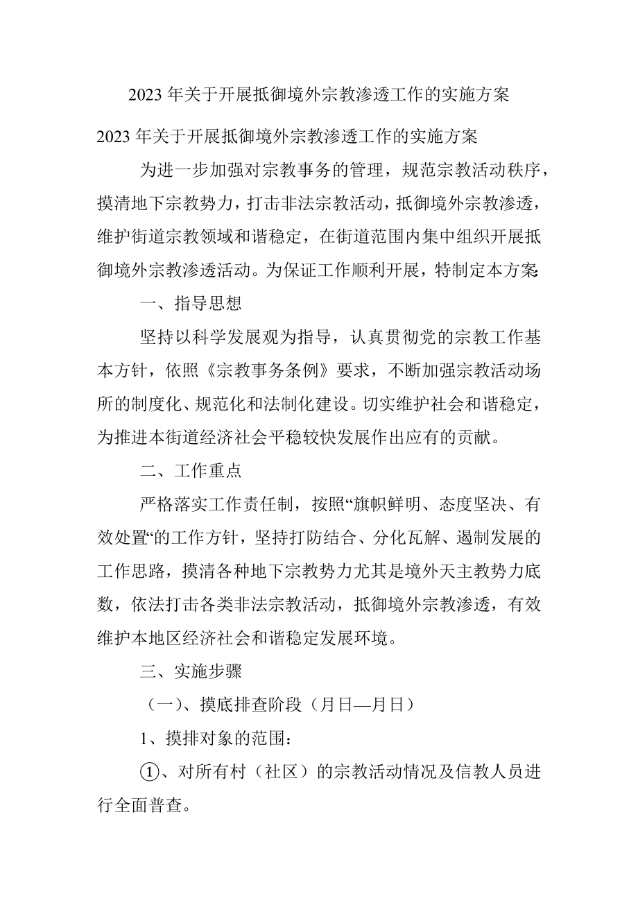 2023年关于开展抵御境外宗教渗透工作的实施方案.docx_第1页