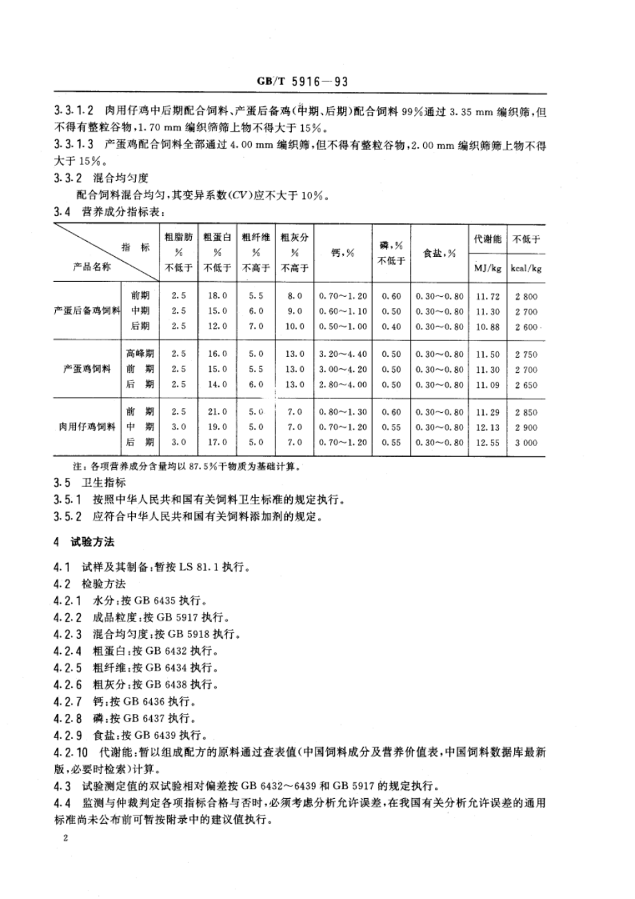 产蛋后备鸡、产蛋鸡、肉用仔鸡配合饲料 GBT 5916-1993.pdf_第3页