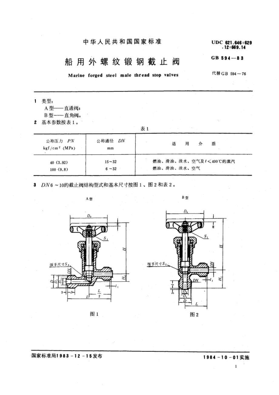 船用外螺纹锻钢截止阀 GBT 594-1983.pdf_第3页