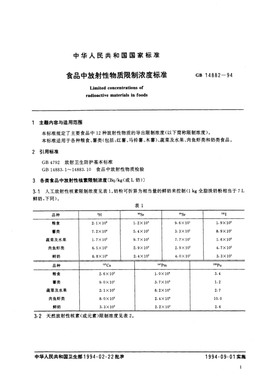 食品中放射性物质限制浓度标准 GB 14882-1994.pdf_第2页