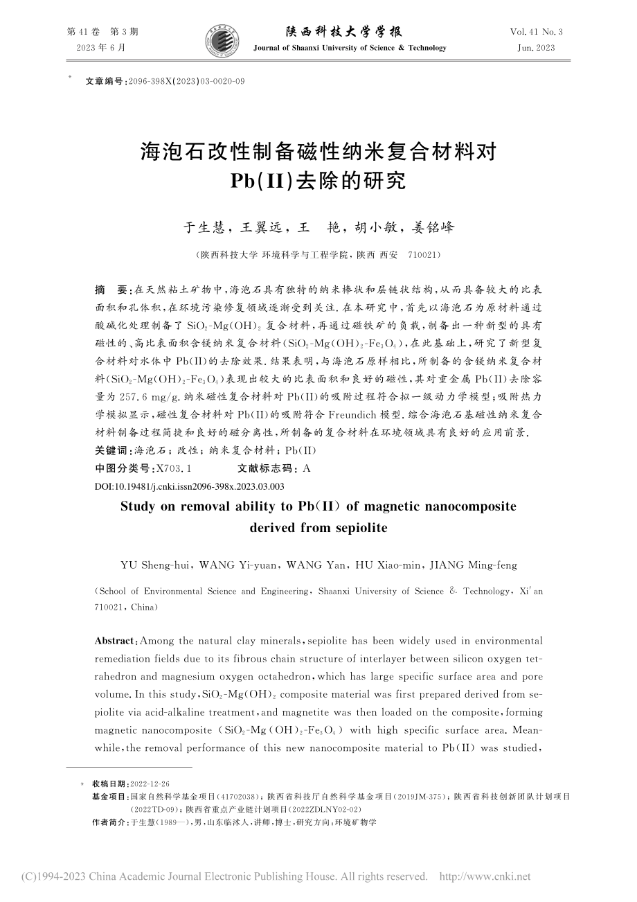 海泡石改性制备磁性纳米复合材料对Pb(Ⅱ)去除的研究_于生慧.pdf_第1页