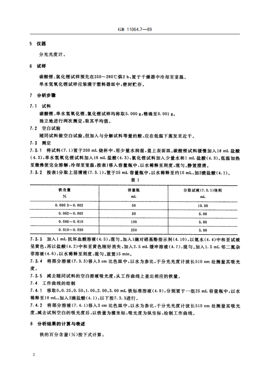 碳酸锂、单水氢氧化锂、氯化锂化学分析方法 邻二氮杂菲分光光度法测定铁量 GBT 11064.7-1989.pdf_第3页