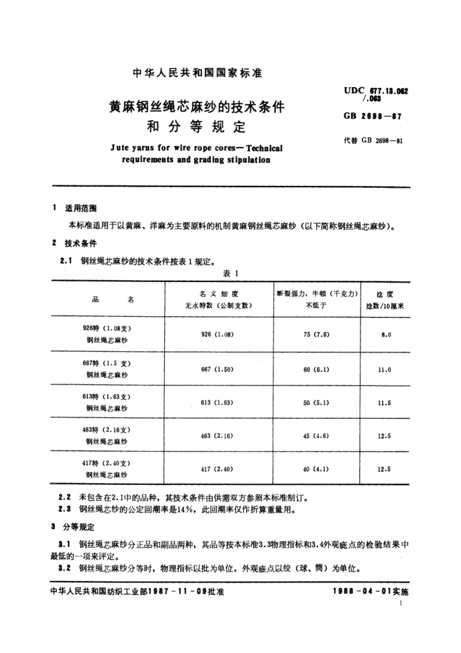 黄麻钢丝绳芯麻纱的技术条件和分等规定 GBT 2698-1987.pdf_第2页