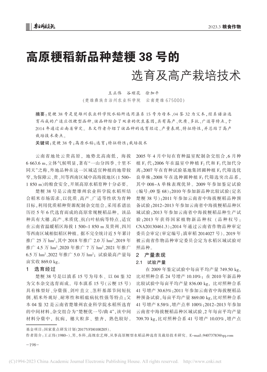 高原粳稻新品种楚粳38号的选育及高产栽培技术_王正伟.pdf_第1页