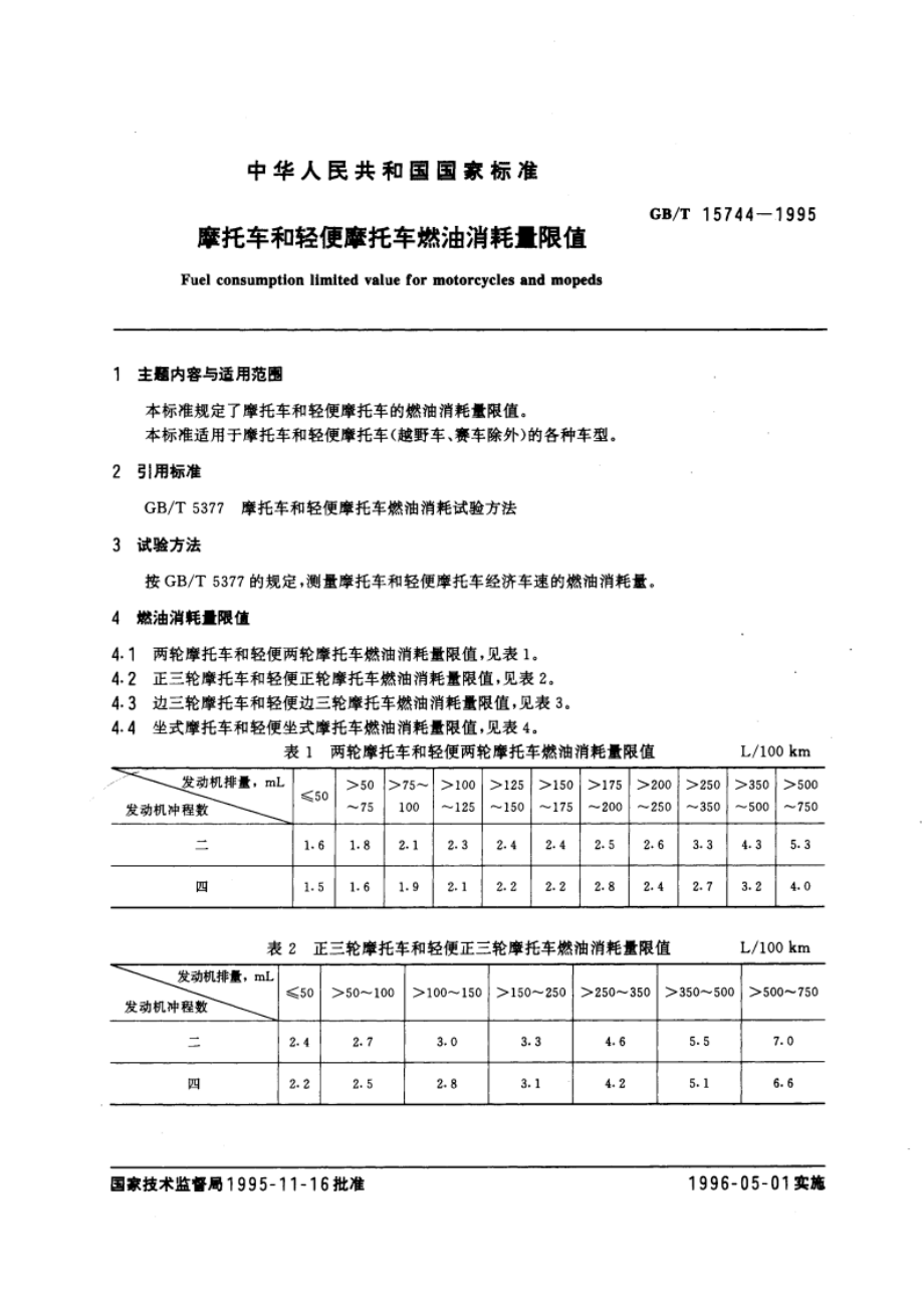 摩托车和轻便摩托车燃油消耗量限值 GBT 15744-1995.pdf_第3页