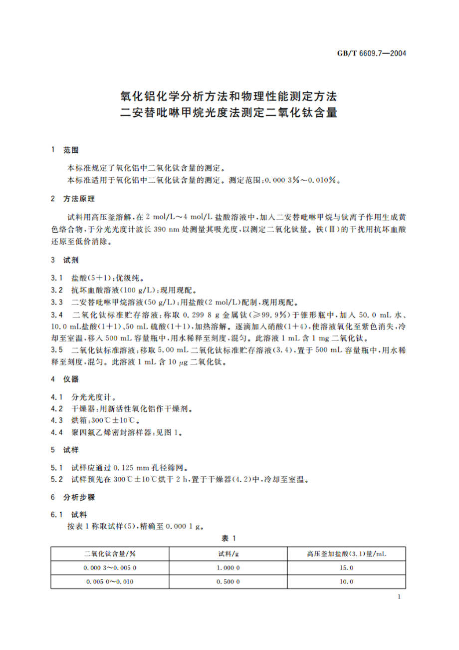 氧化铝化学分析方法和物理性能测定方法 二安替吡啉甲烷光度法测定二氧化钛含量 GBT 6609.7-2004.pdf_第3页