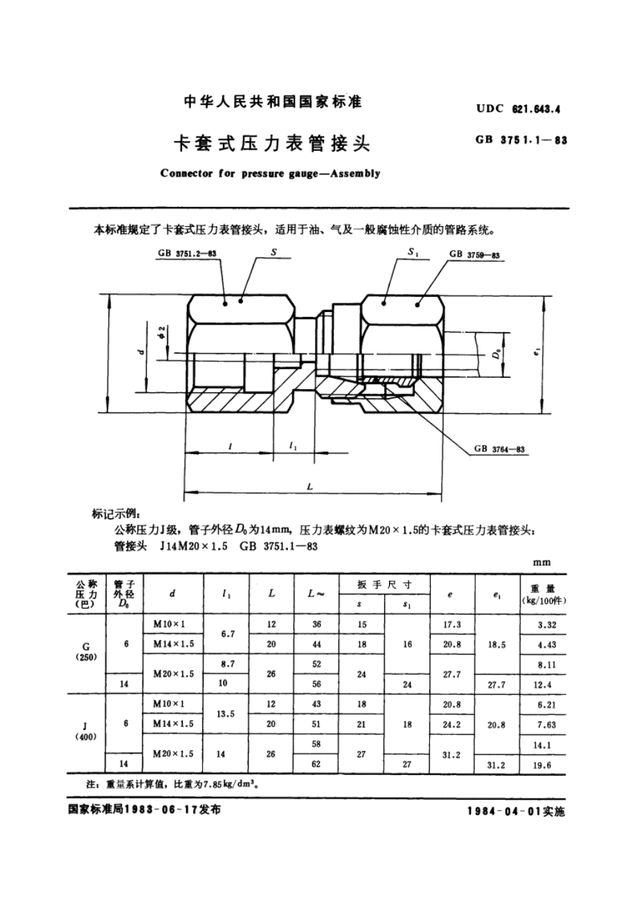 卡套式压力表管接头 GBT 3751.1-1983.pdf_第3页