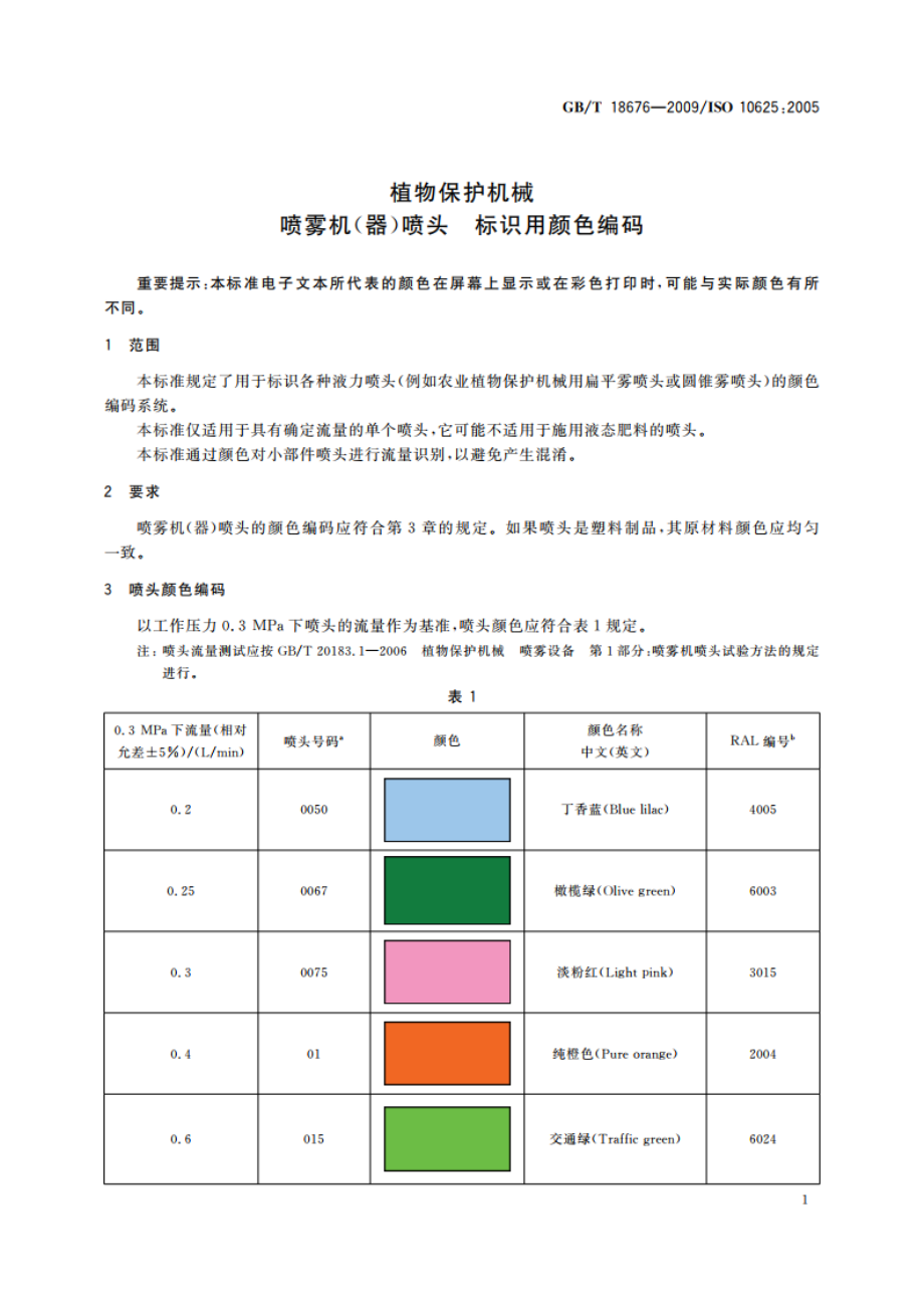 植物保护机械 喷雾机(器)喷头 标识用颜色编码 GBT 18676-2009.pdf_第3页