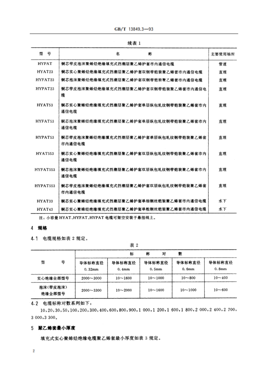 聚烯烃绝缘聚烯烃护套市内通信电缆 第3部分：铜芯、实心或泡沫(带皮泡沫)聚烯烃绝缘、填充式、挡潮层聚乙烯护套市内通信电缆 GBT 13849.3-1993.pdf_第3页