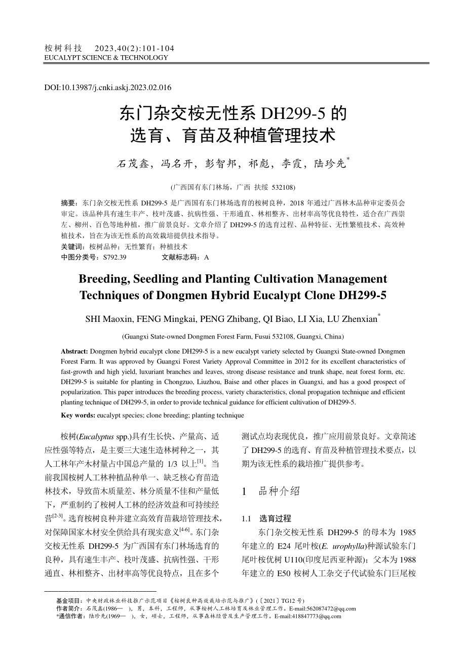 东门杂交桉无性系DH299...的选育、育苗及种植管理技术_石茂鑫.pdf_第1页