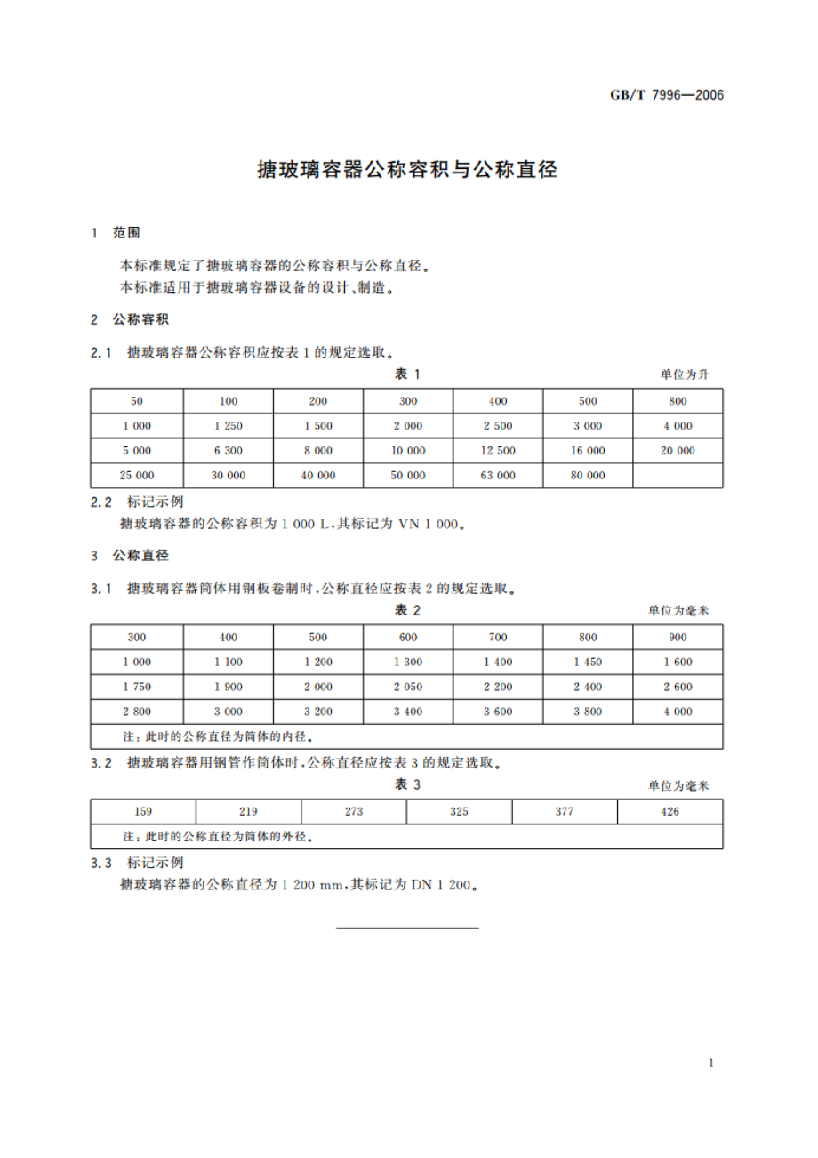 搪玻璃容器公称容积与公称直径 GBT 7996-2006.pdf_第3页