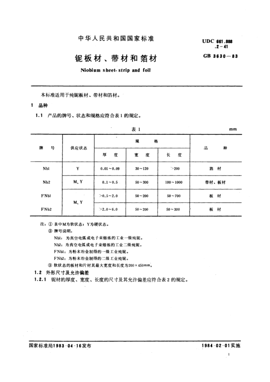 铌板材、带材和箔材 GBT 3630-1983.pdf_第2页