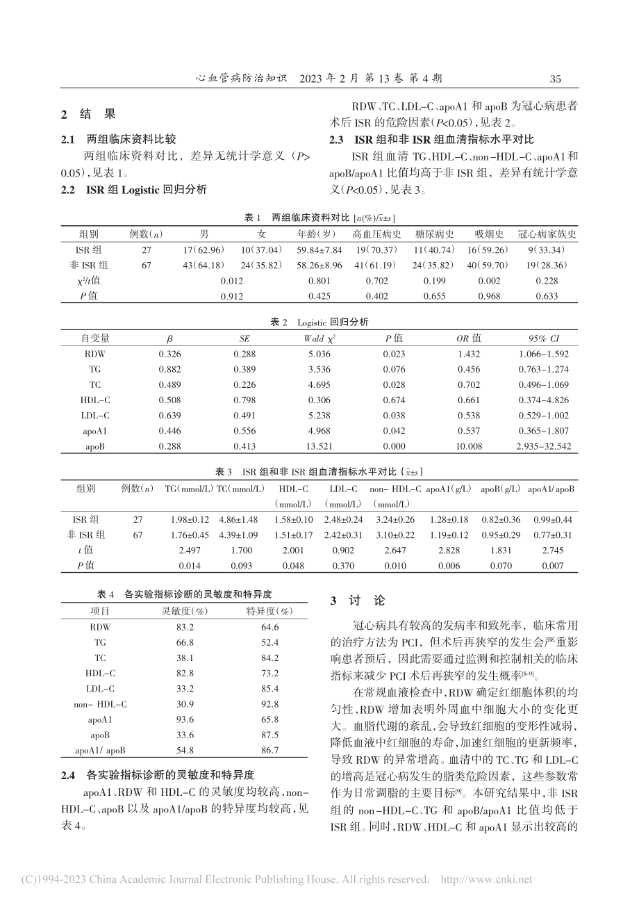 红细胞分布宽度对冠心病再狭...的预测作用及其与脂质的关系_陈威丞.pdf_第2页