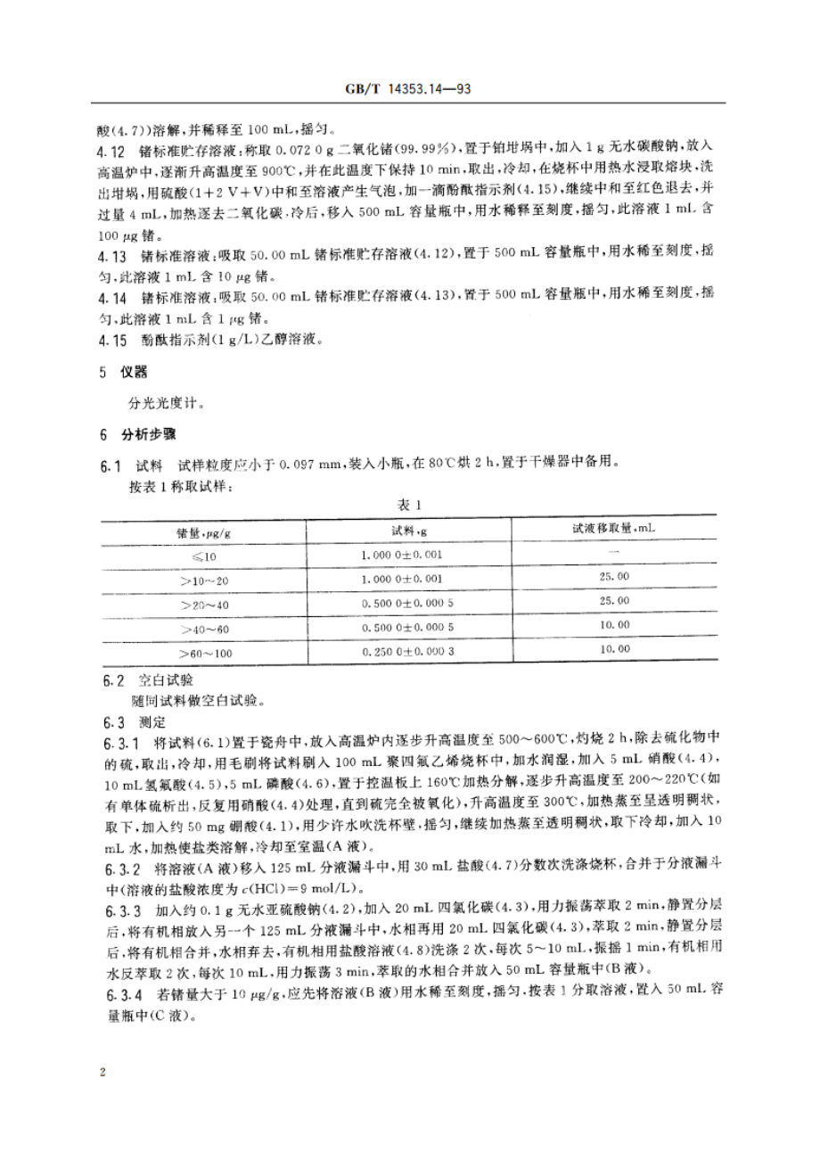 铜矿石、铅矿石和锌矿石化学分析方法 四氯化碳萃取分离 溴化十六烷基三甲胺-苯芴酮光度法测定锗量 GBT 14353.14-1993.pdf_第3页