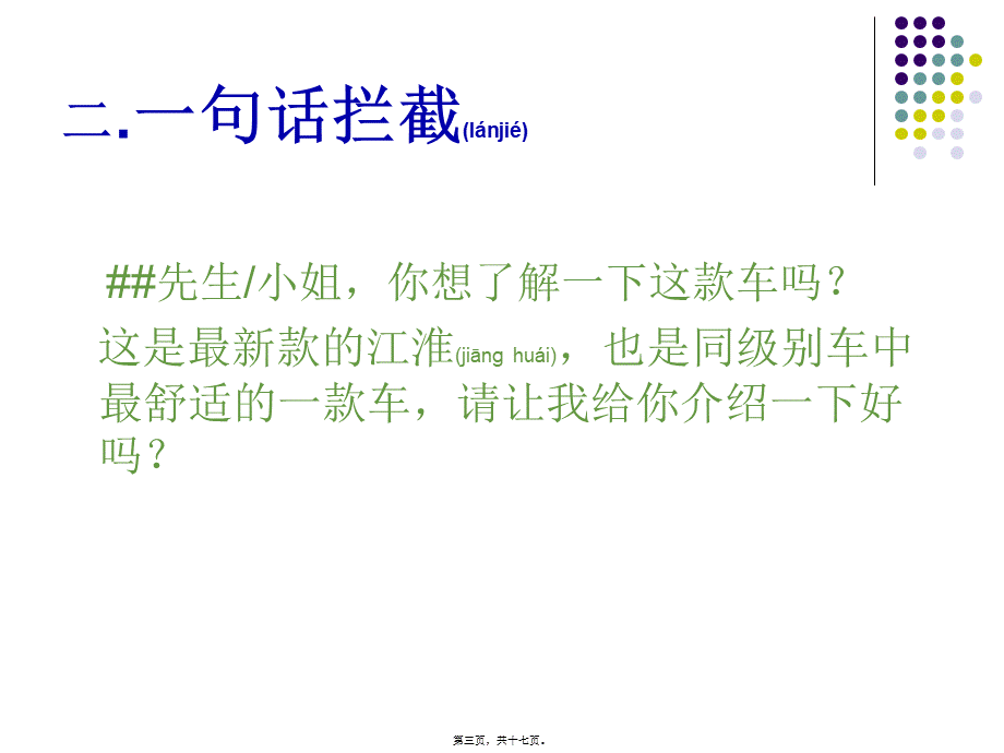 2022年医学专题—展厅接待十五大话术(1).ppt_第3页