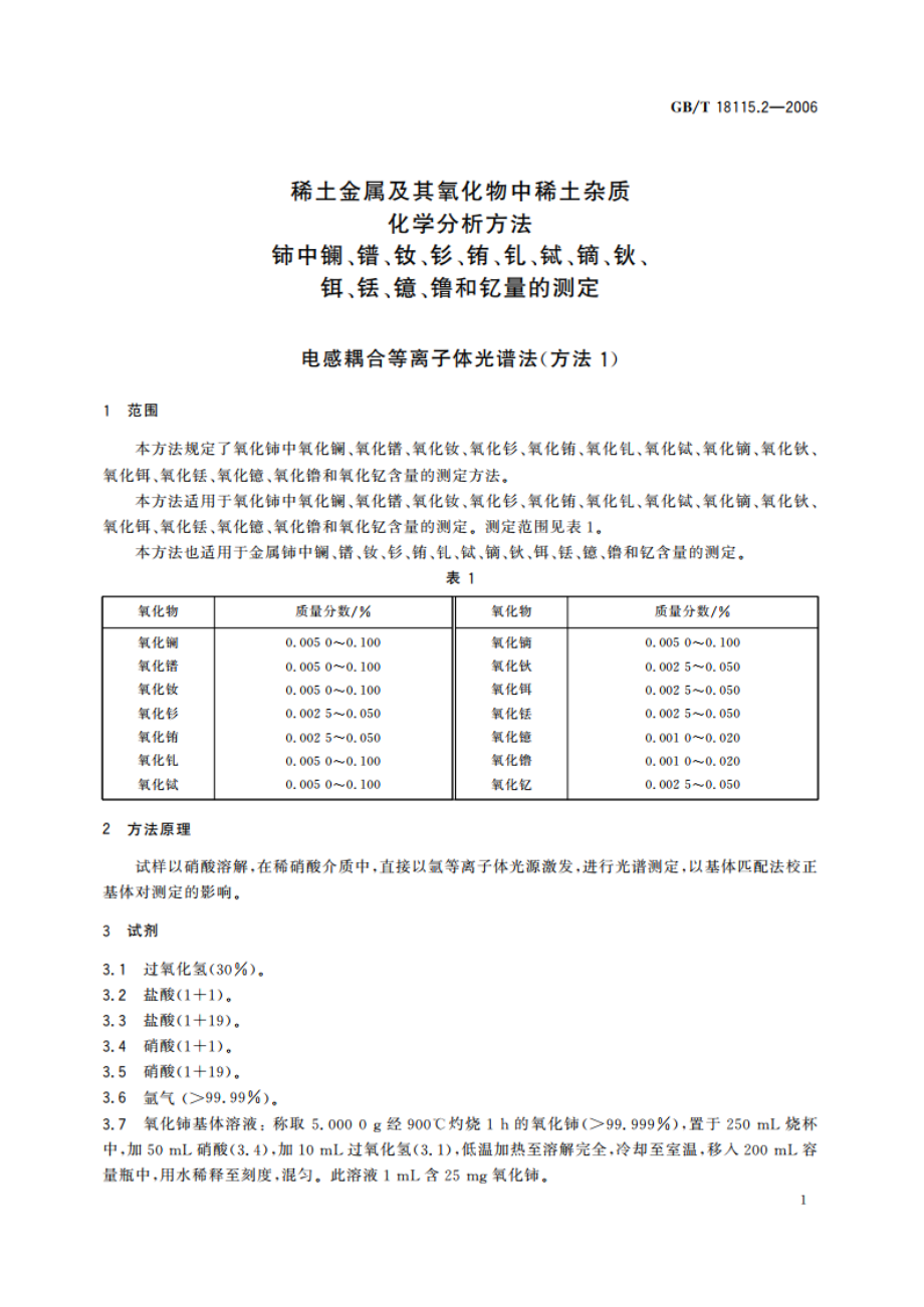 稀土金属及其氧化物中稀土杂质化学分析方法 铈中镧、镨、钕、钐、铕、钆、铽、镝、钬、铒、铥、镱、镥和钇量的测定 GBT 18115.2-2006.pdf_第3页