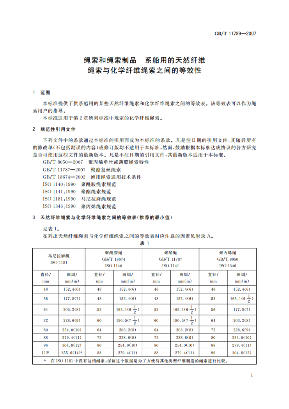 绳索和绳索制品 系船用的天然纤维绳索与化学纤维绳索之间的等效性 GBT 11789-2007.pdf_第3页