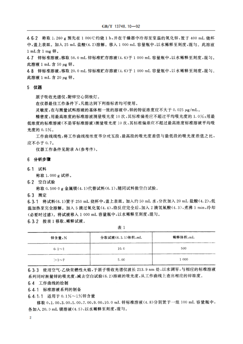 镁及镁合金化学分析方法 火焰原子吸收光谱法测定锌量 GBT 13748.10-1992.pdf_第3页