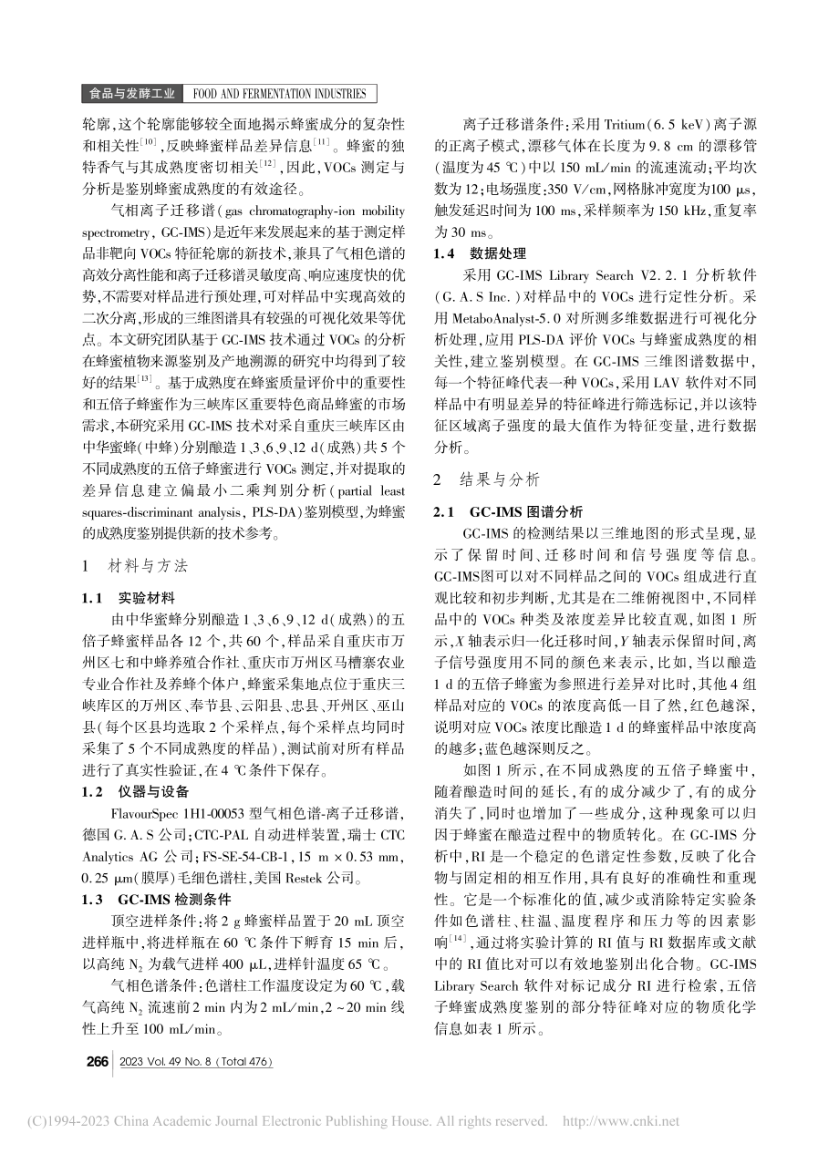 基于气相离子迁移谱技术的五...花中蜂蜜成熟度模型鉴别研究_刘振平.pdf_第2页