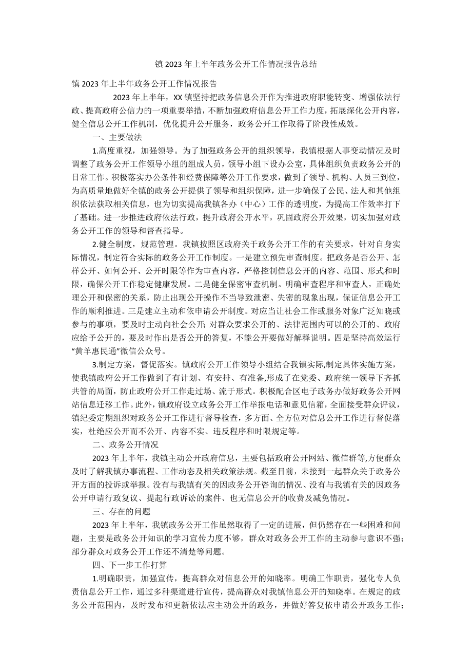 镇2023年上半年政务公开工作情况报告总结.docx_第1页