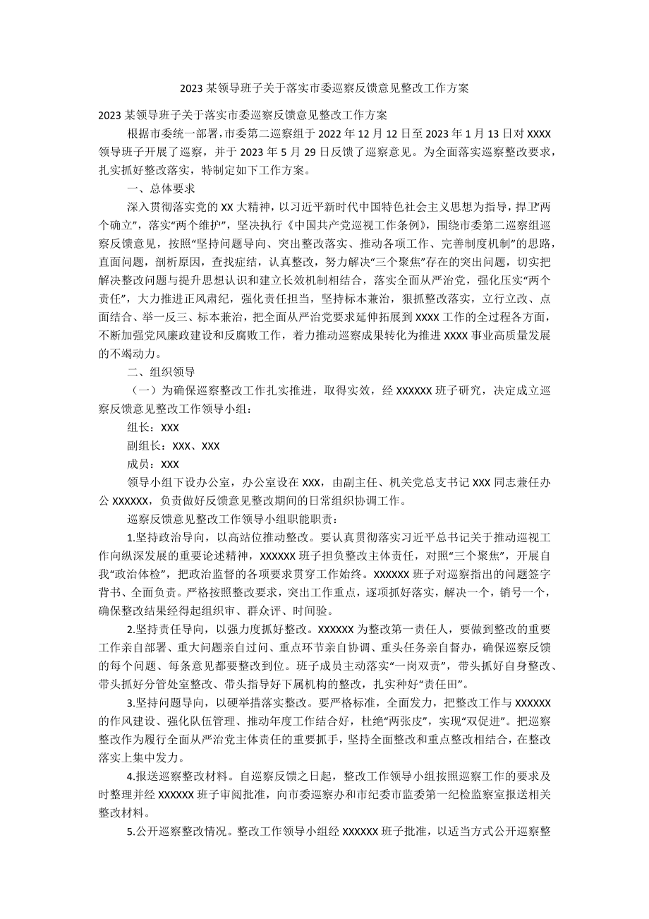 2023某领导班子关于落实市委巡察反馈意见整改工作方案.docx_第1页