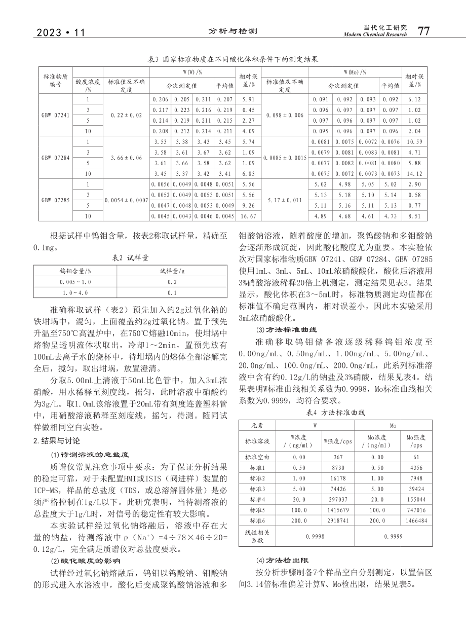 碱熔-电感耦合等离子体质谱...测定钨矿石和钼矿石中的钨钼_黄朝文.pdf_第2页