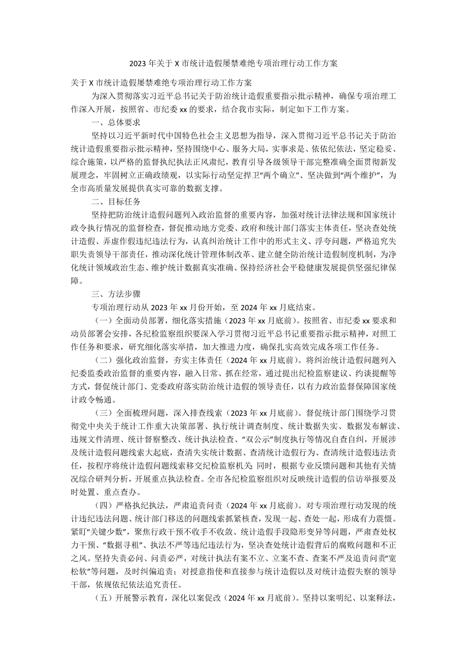 2023年关于X市统计造假屡禁难绝专项治理行动工作方案.docx_第1页