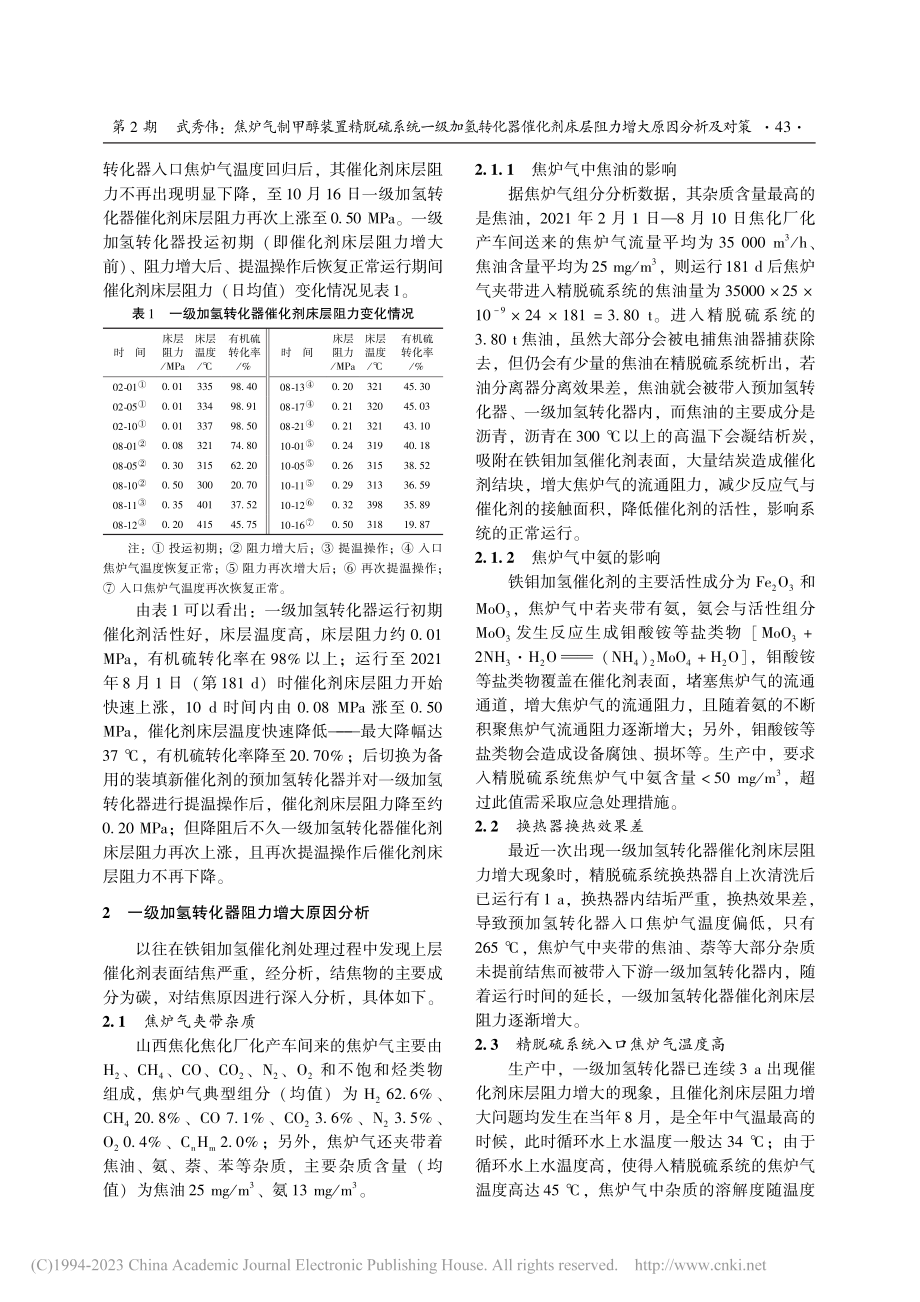 焦炉气制甲醇装置精脱硫系统...床层阻力增大原因分析及对策_武秀伟.pdf_第2页