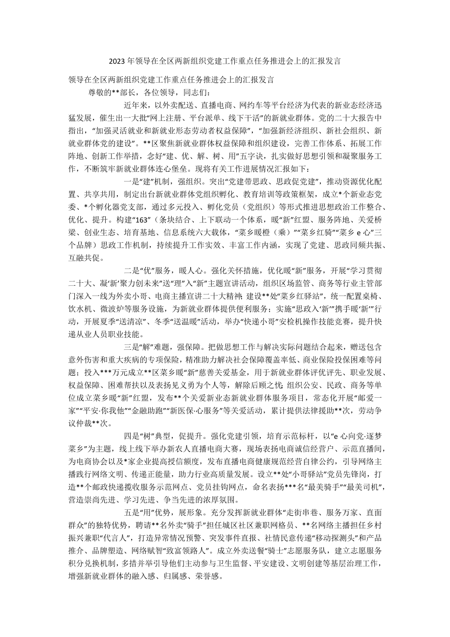 2023年领导在全区两新组织党建工作重点任务推进会上的汇报发言.docx_第1页