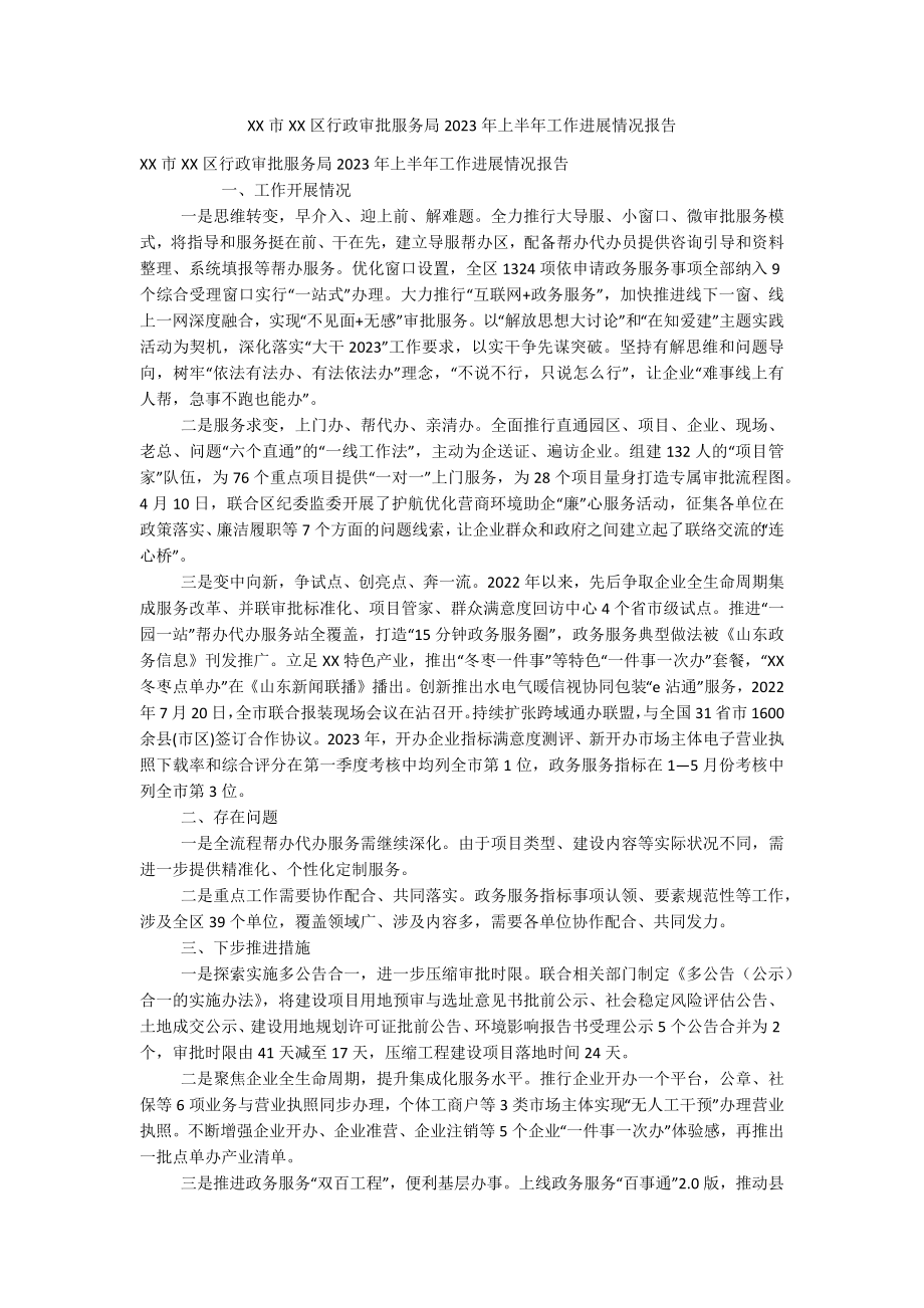 XX市XX区行政审批服务局2023年上半年工作进展情况报告.docx_第1页