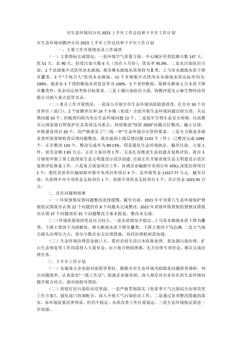 市生态环境局分局2023上半年工作总结和下半年工作计划.docx_第1页