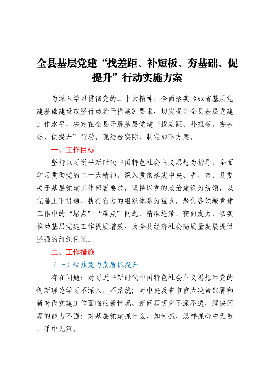 2024年全县基层党建“找差距、补短板、夯基础、促提升”行动实施方案 .docx_第1页