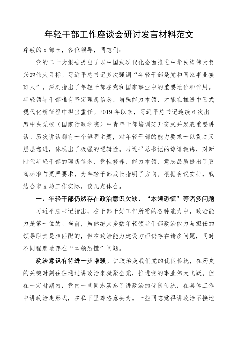 年轻干部工作座谈会研讨发言材料青年心得体会.docx_第1页