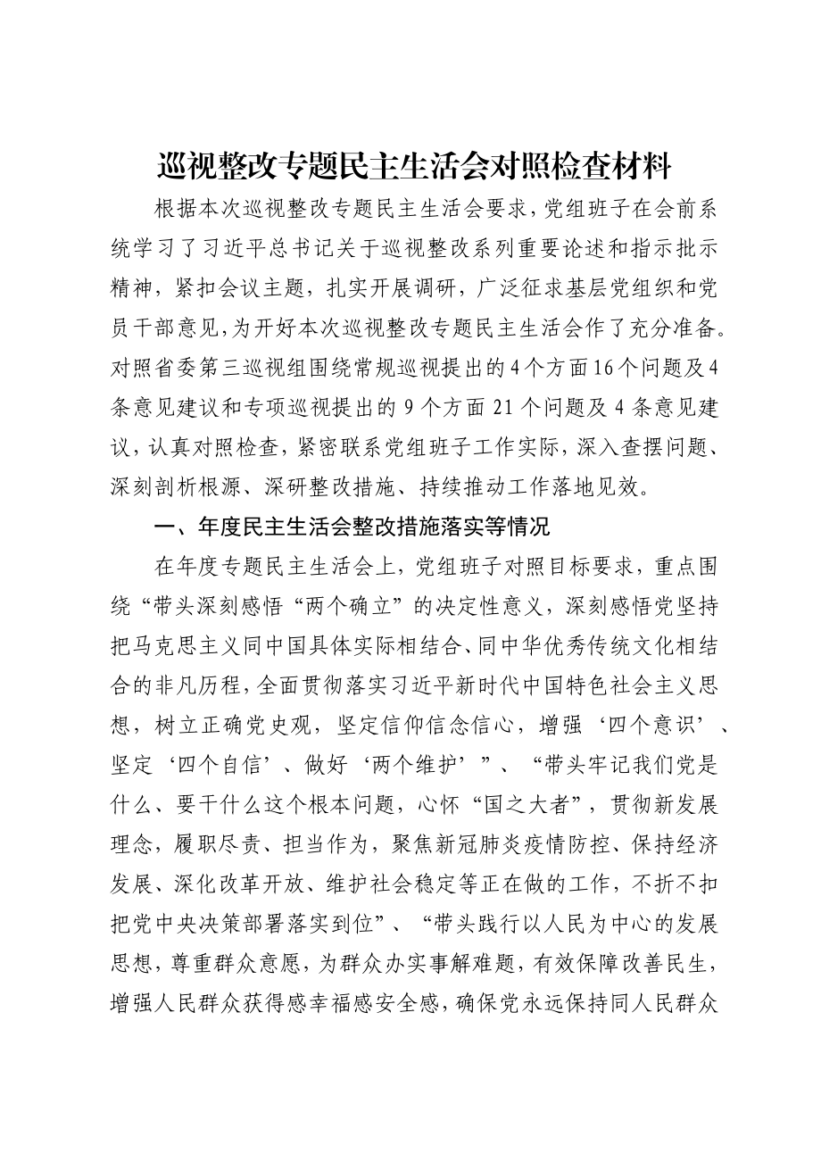 巡视整改专题民主生活会对照检查材料.docx_第1页