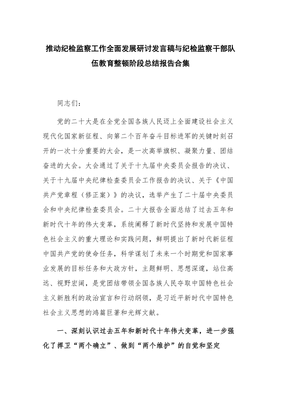 推动纪检监察工作全面发展研讨发言稿与纪检监察干部队伍教育整顿阶段总结报告合集.docx_第1页