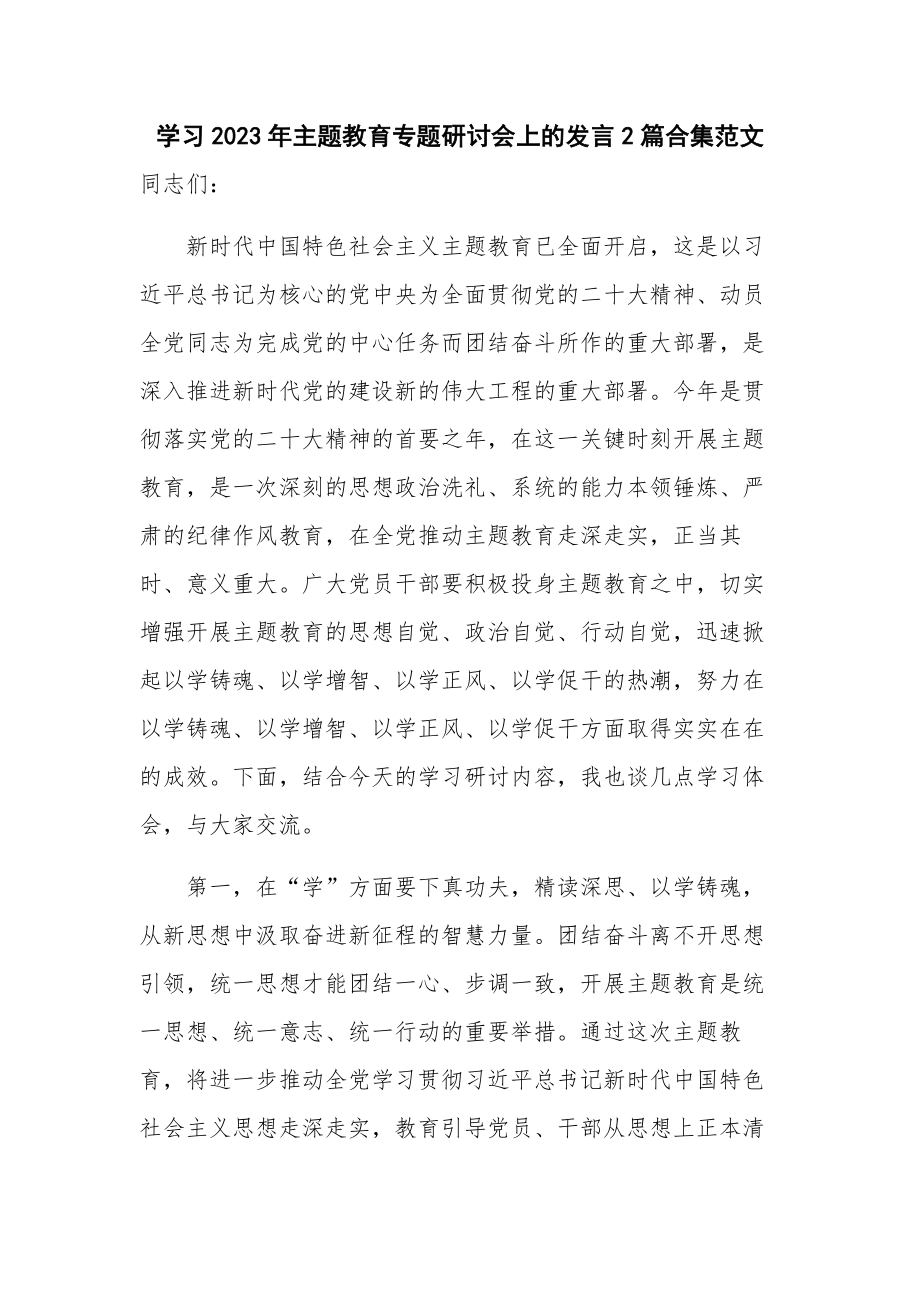 学习2023年主题教育专题研讨会上的发言2篇合集范文.docx_第1页