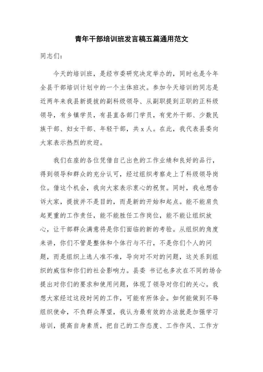 青年干部培训班发言稿五篇通用范文.docx_第1页