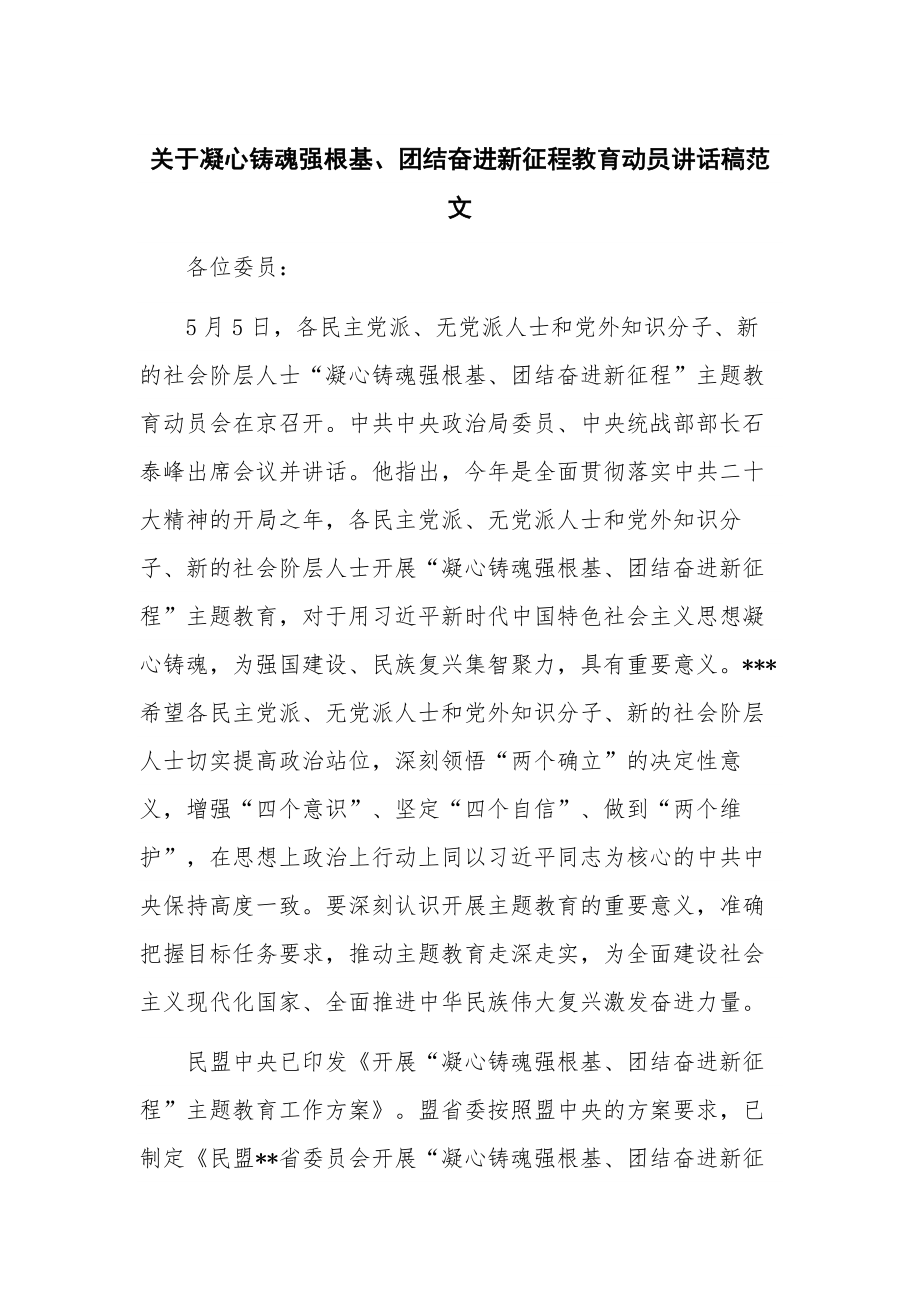 关于凝心铸魂强根基、团结奋进新征程教育动员讲话稿范文.docx_第1页