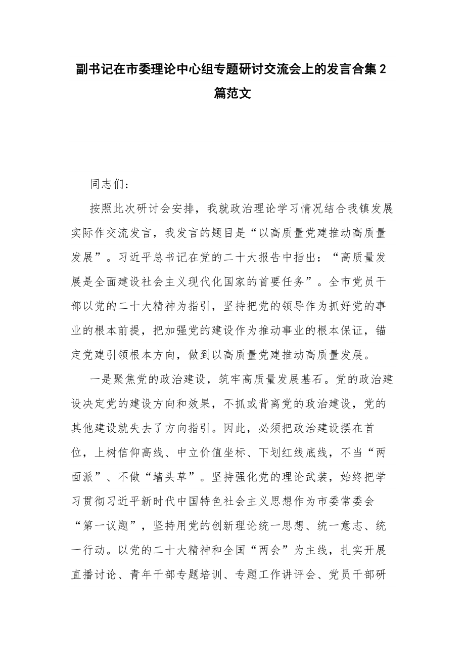 副书记在市委理论中心组专题研讨交流会上的发言合集2篇范文.docx_第1页