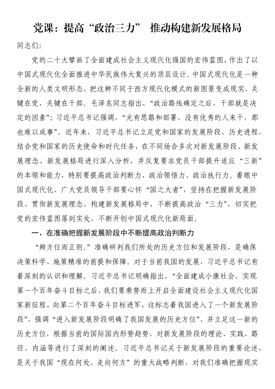 党课：提高“政治三力” 推动构建新发展格局.docx_第1页