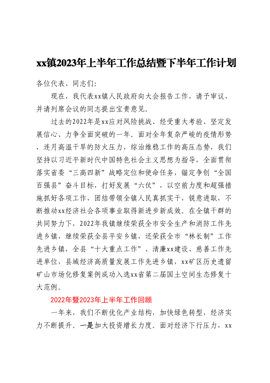 XX镇2023年上半年工作总结暨下半年工作计划.docx_第1页