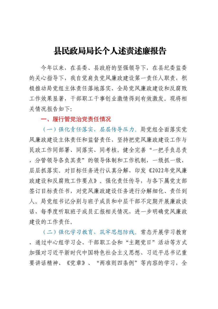 县民政局局长个人述责述廉报告.docx_第1页