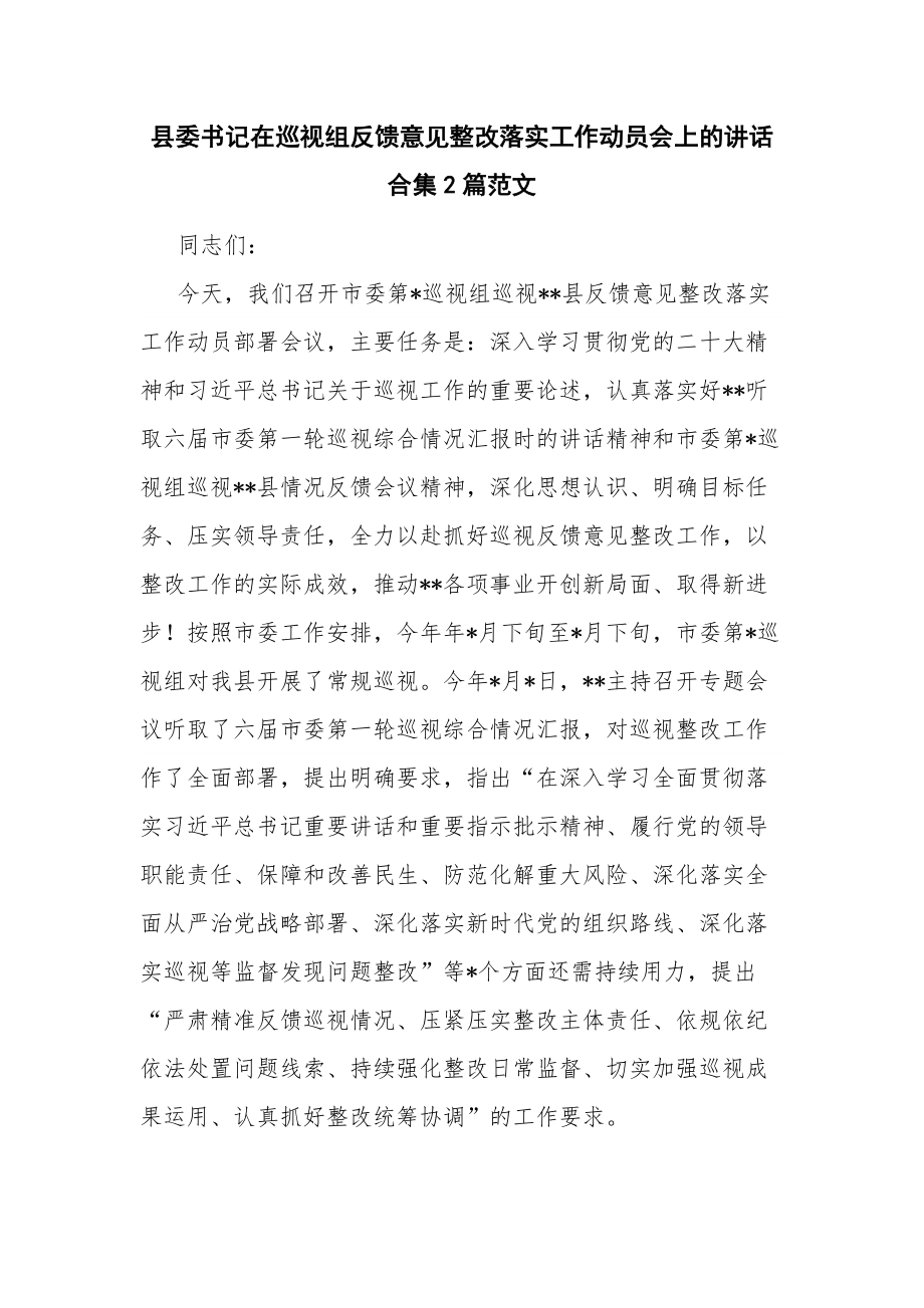 县委书记在巡视组反馈意见整改落实工作动员会上的讲话合集2篇范文.docx_第1页