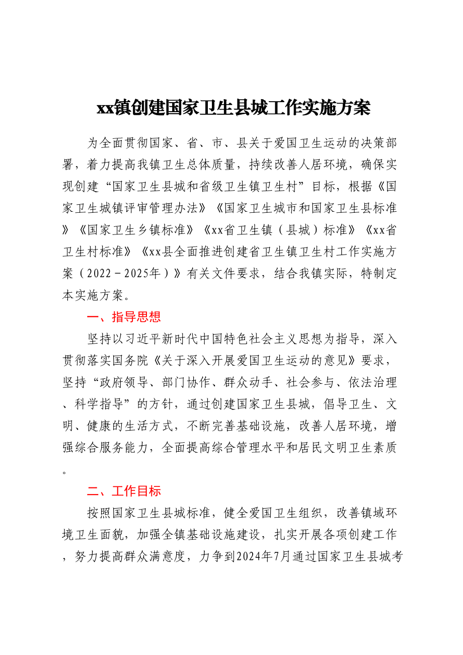 XX镇创建国家卫生县城工作实施方案.docx_第1页