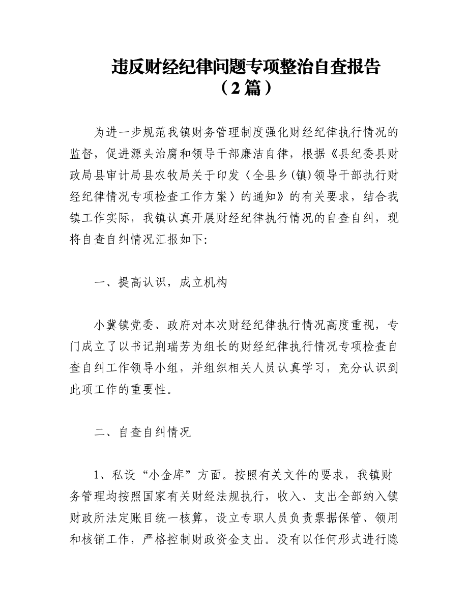 2023年（2篇）违反财经纪律问题专项整治自查报告.docx_第1页