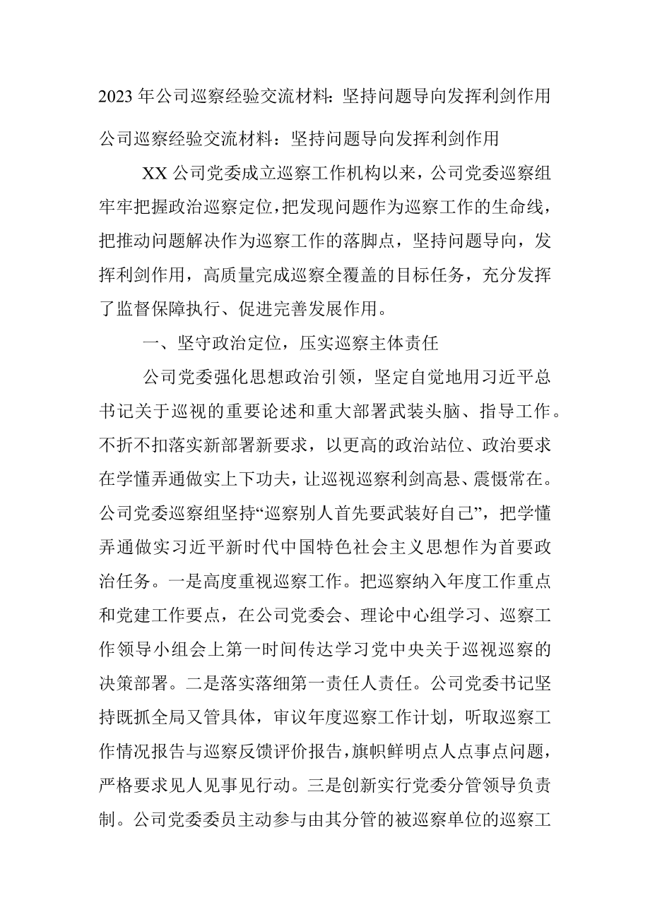 2023年公司巡察经验交流材料：坚持问题导向发挥利剑作用.docx_第1页