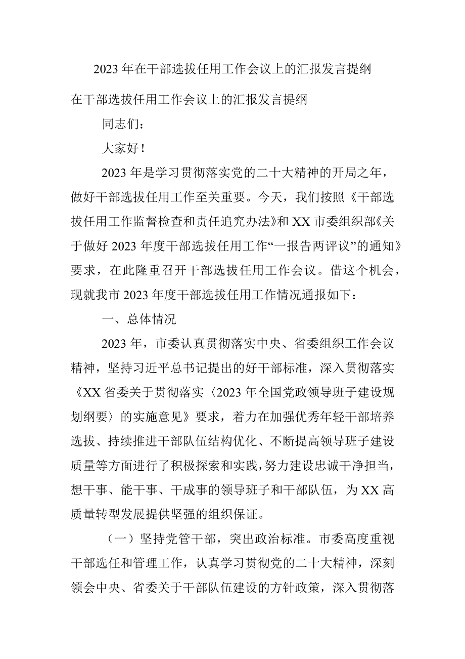 2023年在干部选拔任用工作会议上的汇报发言提纲.docx_第1页