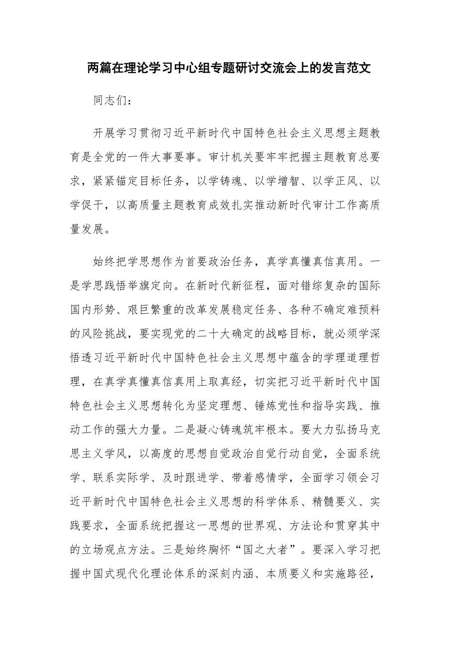 两篇在理论学习中心组专题研讨交流会上的发言范文.docx_第1页