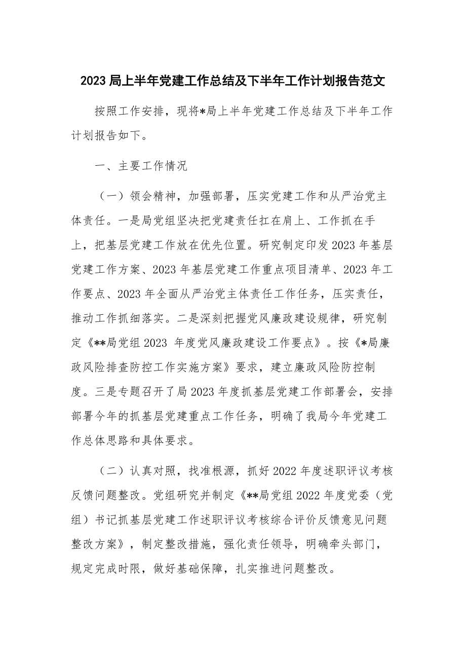 2023局上半年党建工作总结及下半年工作计划报告范文.docx_第1页